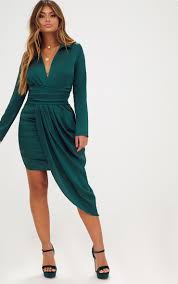 Emerald Green Long Sleeve Satin Asymmetric Drape Midi Dress Draped Midi Dresses Emerald Green Cocktail Dress Green Midi Dress