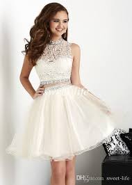 Ivory Two Pieces Homecoming Dresses 2015 Cheap Beaded Backless Tulle Lace High Neck White Homecoming Dresses Mini Homecoming Dresses Two Piece Homecoming Dress
