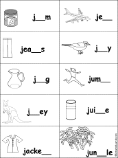 Encourage your child to learn letter sounds by practicing saying the name of the picture and tracing the uppercase and lowercase letter j in this printable worksheet. Fill In Missing Letters In Words That Start With J Enchantedlearning Com