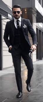 Black 3 Piece Suit Wedding Classic Black Three Piece Suit With A Black Knit Tie Classic Three Piece Suit Black Knit Black Three Piece Suit Black Suit Men Three Piece Suit Wedding