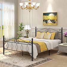 This queen size wood bed features a headboard and a footboard with strip design which is simple but never dull. Queen Size Bed Frame Victorian Vintage Style Platform Metal Foundation Headboard Footboard Heavy Duty S Queen Size Bed Frames Headboard And Footboard Bed Frame