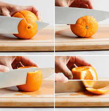 Slice into the peel diagonally from 1 side down to the middle of the fleshy side on the cutting board, then repeat this for the other side to cut the half into 3 even wedges. How To Cut An Orange Step By Step Tutorial Feelgoodfoodie
