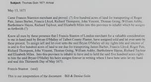 1678 William Gowing b abt 1678 of Stafford Co, VA. m. to Catherine  Padderson (Y2)