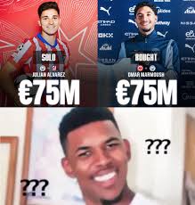 Before start of the season, Manchester City sold Julián Alvarez to Atlético  Madrid for €75M, now in January they replaced him with Omar Marmoush from  Eintracht Frankfurt for €75M. 🤷‍♂️
