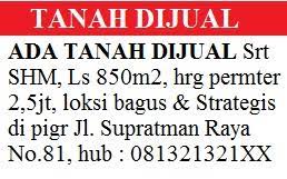 Hal tersebut dapat dilihat dari meningkatnya tren pencarian iklan tanah dijual di portal properti lamudi. Contoh Iklan Baris Penjualan Tanah Di Koran