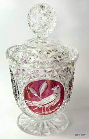 Vintage, imperial glass, depression glass crackle pattern covered candy dish in carnival glass marigold color. Hofbauer Red Bird Byrde Lead Crystal Candy Jar Lidded Dish Germany Compote Dish Candy Jars Red Birds Jar Lids
