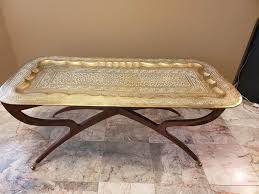 Rare Mid Century Large Rectangle Brass Tray Table Teak Sider Etsy In 2020 Brass Tray Table Brass Tray Tray Table