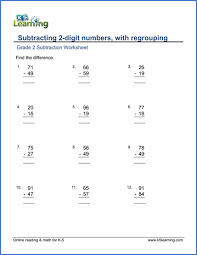 First, students use visual models (base ten blocks) to group ten units together and to record the addition with numbers written under. Grade 2 Worksheet Subtract 2 Digit Numbers With Regrouping K5 Learning