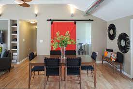 I started by making a 4′ x 1.5′ barn door for my family room wall storage closet shelves. Red Barn Door With Full View Of Dining Table Transitional Dining Room Cincinnati By Nest Designs Llc Houzz