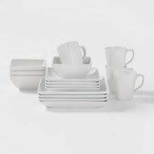 6 dinner plates, 6 soup plates, 6 dessert plates, 6 mugs and 6 saucers. Square Rim Porcelain 16pc Dinnerware Set Threshold Target