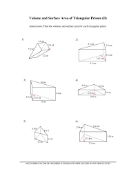 The Volume And Surface Area Of Triangular Prisms B Math Worksheet From The Measurement Worksheets Page At Math Volume Worksheets Triangular Prism Worksheets