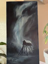 Loretta Breeden VTG Oil Painting MIDNIGHT HUNTING SPOT Moonlit in Forest  30x15