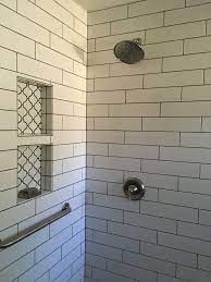 Charcoal Gray Grout 4 X 16 White Subway Tile Moen Showerhead Gray Shower Tile Black Bathroom Shower Tile