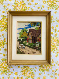 Vintage Cottage Framed Needlework Wall Hanging
