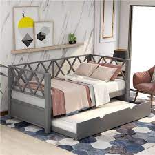 Feb 15, 2021 · the trundle portion is another twin size mattress that sits beneath the bed. Twin Size Wooden Daybed Frame With Trundle Bed Gray