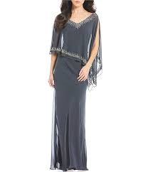 Jkara Beaded V Neck Popover Chiffon Gown