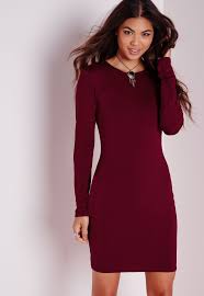 Missguided Long Sleeve Jersey Bodycon Dress Burgundy Bodycon Dress Casual Maroon Dresses Casual Long Sleeve Bodycon