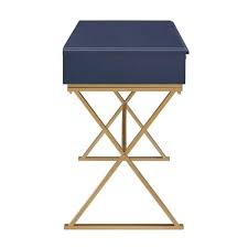 Linon Home Decor 47 In Rectangular Blue Matte Gold 2 Drawer Writing Desk With Built In Storage Thd00527 The Home Depot In 2020 Desk With Drawers Linon Home Decor Linon