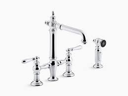 This parq kitchen faucet delivers a freshthis parq kitchen faucet delivers a fresh interpretation of the traditional bridge design, incorporating clean lines for ease of maintenance. K 76519 4 Artifacts Deck Mount Bridge Kitchen Sink Faucet With Lever Handles And Sidespray Kohler Canada