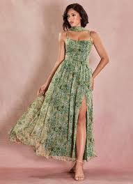 Azazie V Neck A-Line Maxi Wedding Guest Dresses in Green Floral