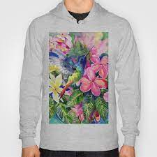 Hummingbird And Plumeria Florwers Tropical Bright Colored Foliage Floral Hawaiian Flowers Graphic Hoodie By Suren In 2020 Graphic Hoodies Print Pullover Flower Graphic