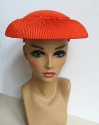 Vintage Orange Wide Brim Hat Domed Hat Bowl Shaped Hat Knife Pleated Fabric Covered Brim Pleated Fabric Brim Hat Wide Brim Hat