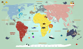 Os oceanos e os mares do mundo. Mapa Mundi Infantil Adesivo Artisticamente Ilustrado