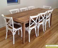 New Rustic Provincial Recycled Elm Solid Timber Dining Table Raw Natural Finish Timber Dining Table Cross Back Dining Chairs Painted Dining Chairs
