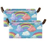 2 Pack Collapsible Storage Bins Fabric Shelf Baskets with Handles Closet  Organizer Cartoon Rainbow and Cloud 16.9x11.4x7.7