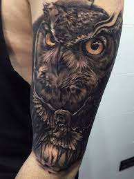 A close look of the orange eyes of a horned owl on a white background. Owl Half Sleeve Tattoo Novocom Top