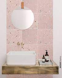 From bubblegum to blush, coral, and dusty rose. Light Pink Terrazzo Tile On Bathroom Wall Vanity Backsplash The New And Trendy Terrazzo Colle Baldosas De Terrazo Diseno De Banos Diseno De Interiores De Bano