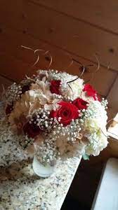 Rustic Country Bouquet With Red Roses Baby S Breath Hydrangeas And Burlap Accents Red Rose Wedding Rustic Red Wedding Wedding Themes Rustic