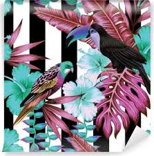 Tropical birds and flowers wallpaper. Tropical Birds And Flowers Pattern Striped Background Wallpaper Pixers We Live To Change