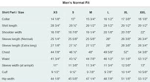 Size Chart For Mens Dress Shirt Normal Fit Costume