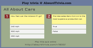 Apr 27, 2021 · picking the best car trivia questions, whether for your road trip trivia or trivia night, isn't always easy.after all, there are so many cars like dodge charger, camaro, toyota corolla, plymouth valiant, and so on! Trivia Quiz All About Cars