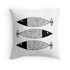 Black And White Throw Three Fish Black And White Minimalist Monochromatic Scandi Ocean Throw Pillow By Kierkegaard Black And White Pillows Pillows Black And White Decor