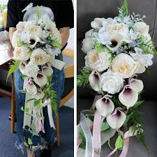 This diy has everything you need to make a gorgeous cascading wedding bouquet using realistic artificial flowers. Artificial Waterfall Ivory Bridal Boquet Peonies Flowers Rustic Bride Buket Purple Calli Lily Cascading Wedding Bouquet Mariage Wedding Bouquets Aliexpress