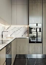 Natural Wood Cabinets Dark Marble Floor Light Sand Upper Cabinets And White Marble Wit Modern Kitchen Cabinet Design Kitchen Decor Apartment Luxury Kitchens