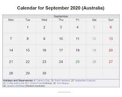 September 2020 Australia Calendar With Holidays And Festivals In 2020 Holiday Calendar Calendar Holiday Templates