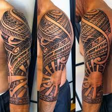 Mens Polynesian Tribal Half Sleeve Tattoo With Negative Space Sun Design Black Sleeve Tattoo Sleeve Tattoos Polynesian Tattoo Designs