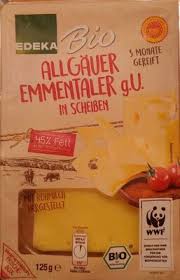 Allgäuer emmentaler (milch, speisesalz, säuerungskulturen, labaustauschstoff), kartoffelstärke. Allgauer Emmentaler In Scheiben Edeka Bio 125 G