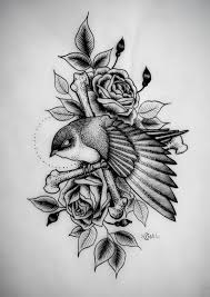 Black and white rose tattoo. Traditional Dotwork Bird With Rose Buds Tattoo Design Tattooimages Biz