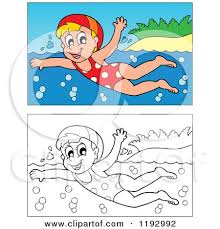 Black And White Boy Swimming Clipart Cartoon Of A Happy Boy Swimming Near An Island Beach In Color And Black And White Royalty Free Vector Clipart By Viseka Swimming Cartoon Boys Swim Happy Boy