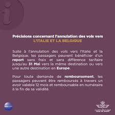 Modification et remboursement sont soumis aux conditions tarifaires du billet. Royal Air Maroc Precisions Concernant L Annulation Des Vols Vers L Italie Et La Belgique Facebook