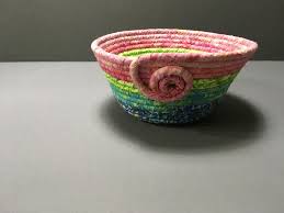 Batik Coiled Rope Bowl Rainbow Colored Fabric Basket Etsy Handmade Yarn Bowl Fabric Baskets Handmade Yarn