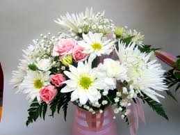 Button flowers, daisy pom poms, fuji spide mums Petite Table Arrangement With White Spider Mums White Daisies And Pink Spray Roses Spray Roses Spider Mums Daisy