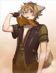 nanin, ruggie bucchi, twisted wonderland, commentary request, highres,  1boy, animal ears, arm at side, black gloves, black vest, blonde hair, blue  eyes, brown hair, brown shirt, collarbone, gloves, hair between eyes, hand