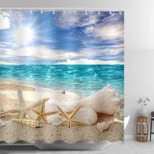 Bathroomart Bathroomdecor Beach Scene Shower Curtain Seashell Sandy Bathroom Decor Blue Sky S Beach Shower Curtains Sea Bathroom Decor Fabric Shower Curtains