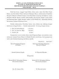 Berdasarkan surat keputusan yang dibuat berdasarkan hasil pemilihan umum yang telah diselenggarakan beberapa waktu yang lalu, maka pihak pertama secara resmi menyerahkan jabatannya kepada pihak kedua dan pihak kedua juga telah resmi menerima jabatan yang diberikan. Contoh Berita Acara Rapat Pemilihan Rt Kumpulan Soal Pelajaran 8