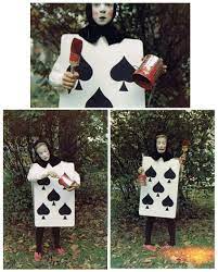 The cards were made out of pillowcases and felt, and i made the buckets out of cardboard and duct tape. My Late Aunt S Creative Halloween Costume Dressed As A Playing Card From Alice In Wonderland Card Costume Alice In Wonderland Costume Alice In Wonderland Diy